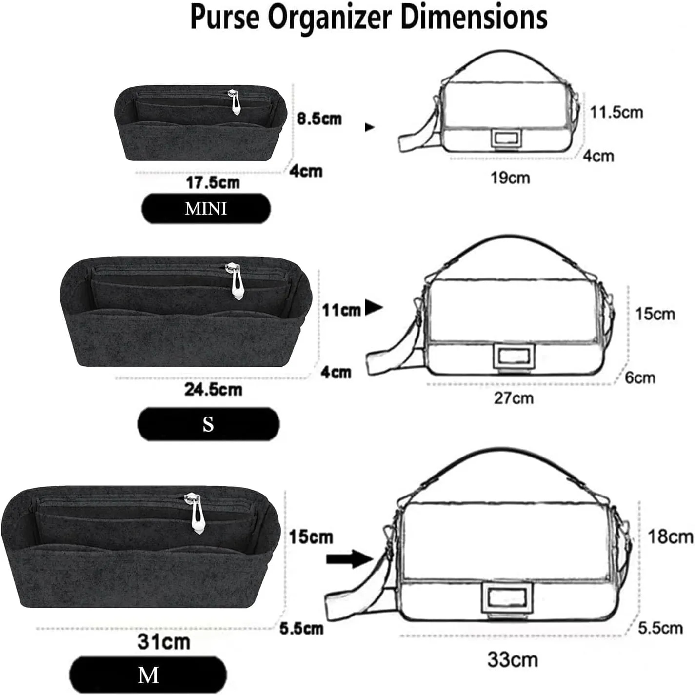 Softened Felt Purse Organizer Insert for Tote, Baguette, Longchamp Handbags Lightweight Bag Organizer with Zipper & Multiple Pockets (Beige, Dark grey)