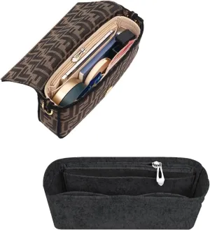 Softened Felt Purse Organizer Insert for Tote, Baguette, Longchamp Handbags Lightweight Bag Organizer with Zipper & Multiple Pockets (Beige, Dark grey)