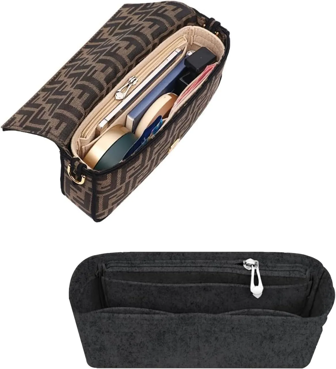Softened Felt Purse Organizer Insert for Tote, Baguette, Longchamp Handbags Lightweight Bag Organizer with Zipper & Multiple Pockets (Beige, Dark grey)