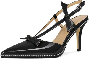 Soireelady Women Slingback Heels Bow High Heel Stilettos Beaded Pumps Pointed Toe Ankle Strap Dress Pumps Shoes 3.5 Inches