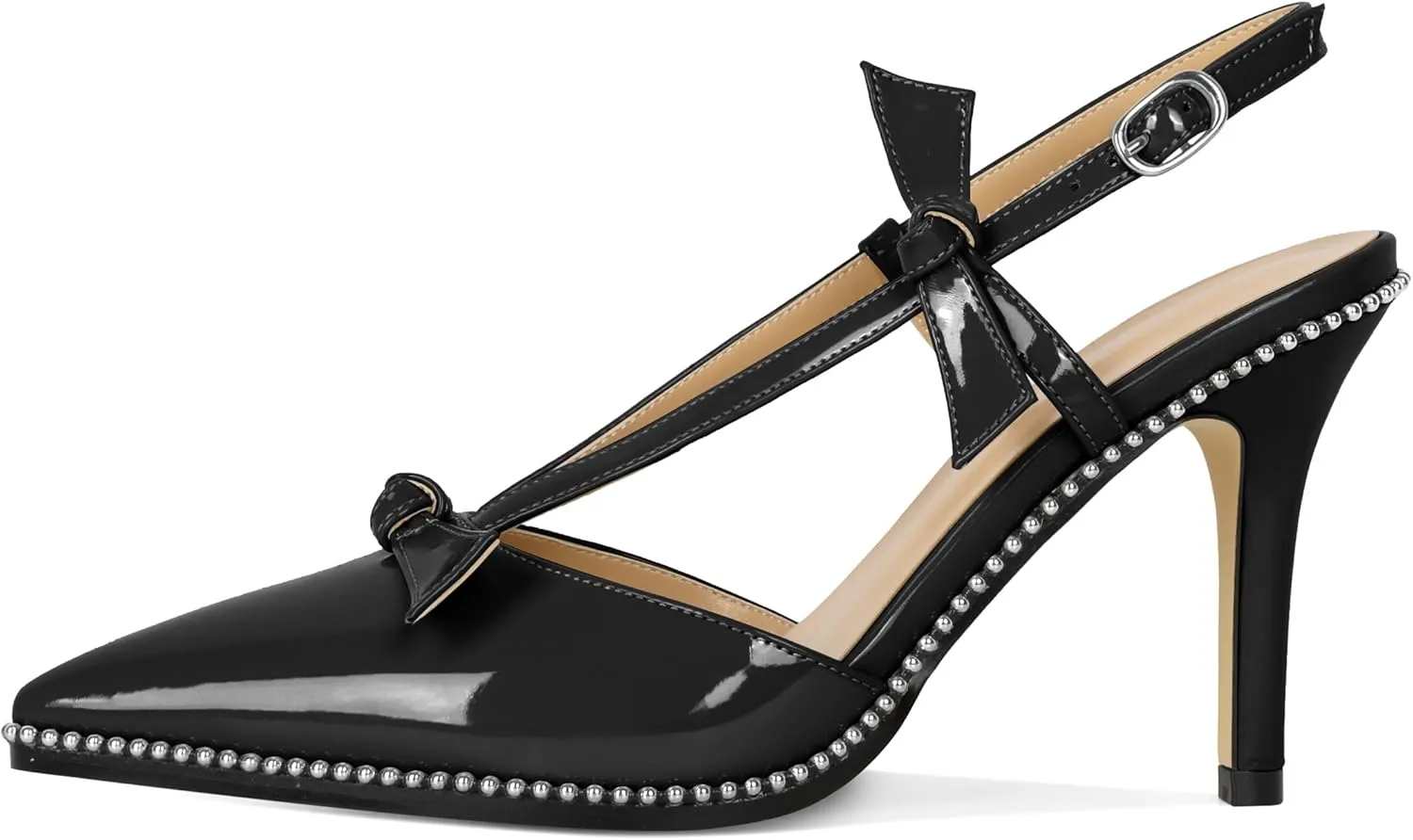 Soireelady Women Slingback Heels Bow High Heel Stilettos Beaded Pumps Pointed Toe Ankle Strap Dress Pumps Shoes 3.5 Inches