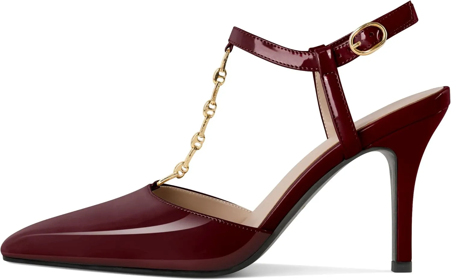Soireelady Womens T-Strap Slingback Heels High Stiletto Heel Pumps with Chain Pointed Toe Ankle Strap Sexy Party Shoes