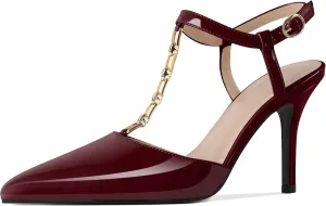 Soireelady Womens T-Strap Slingback Heels High Stiletto Heel Pumps with Chain Pointed Toe Ankle Strap Sexy Party Shoes