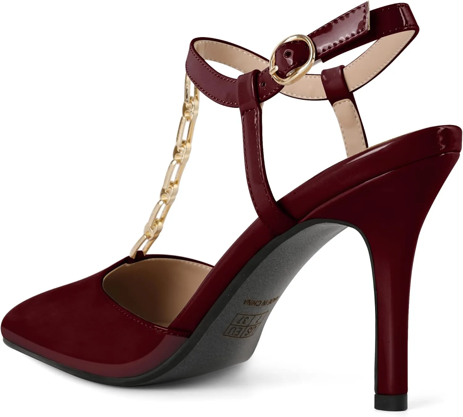 Soireelady Womens T-Strap Slingback Heels High Stiletto Heel Pumps with Chain Pointed Toe Ankle Strap Sexy Party Shoes