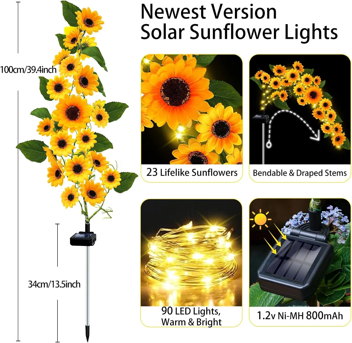 Solar Garden Lights Outdoor, 4 Pack Sunflower Lights with 92 Lifelike Sunflower, Waterproof 360 Bright LED Fall Garden Decor Solar Flowers for Patio Flowerbed Yard, Gift for Mom