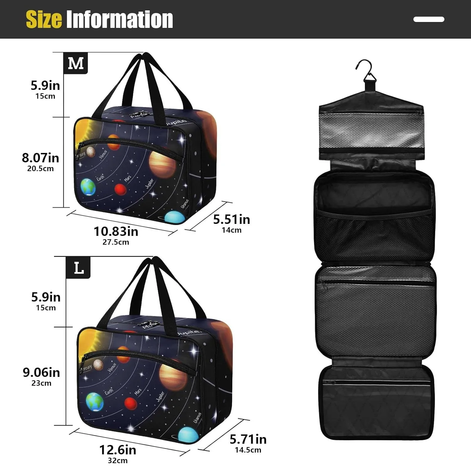 Solar System with the Sun Earth Mars Mercury Jupiter Saturn Uranus 1 PC Hanging Travel Wash bag with Handles, Portable Makeup Organizer Brush Storage Case Portable Travel Cosmetic with Hook L