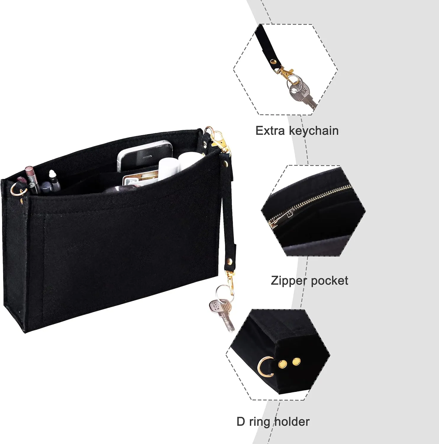 Soyizom Felt Hangbag Tote Insert Fits Toiletry Pouch 26 19 Messenger Bag Insert Organizer for Women, Hangbag Purse Liner Bag Tidy Organizer with Gold Buckle&Keychain (Small-19, Black)