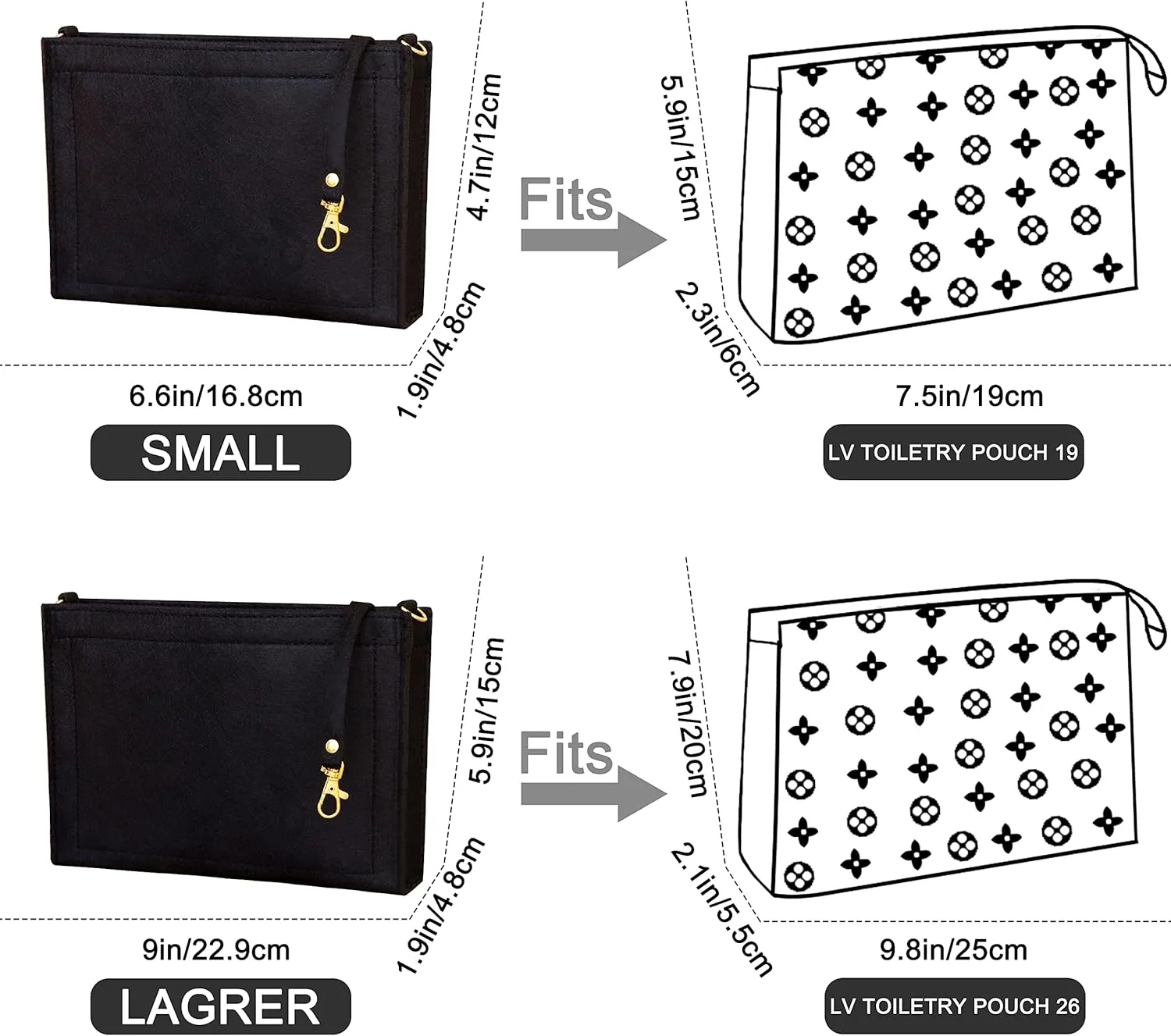 Soyizom Felt Hangbag Tote Insert Fits Toiletry Pouch 26 19 Messenger Bag Insert Organizer for Women, Hangbag Purse Liner Bag Tidy Organizer with Gold Buckle&Keychain (Small-19, Black)