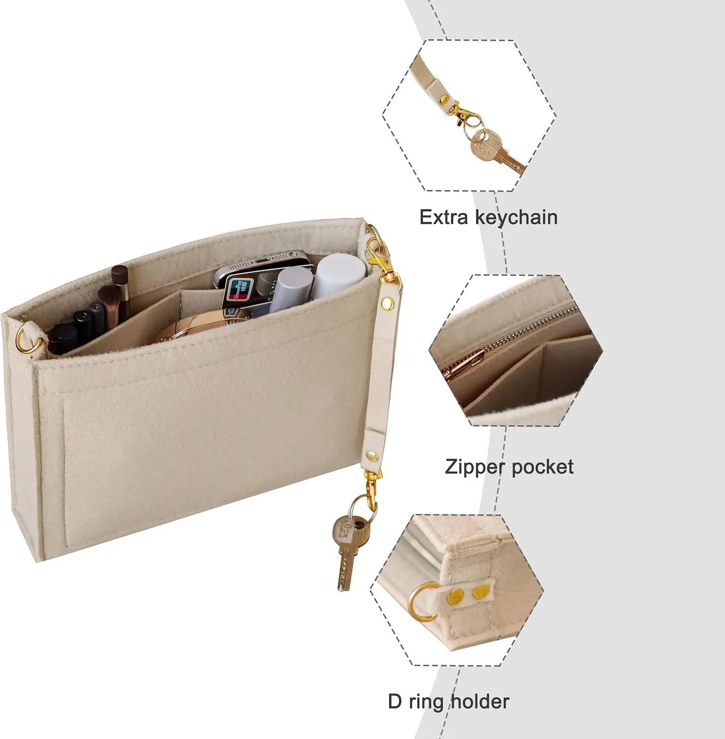 Soyizom Felt Hangbag Tote Organizer Insert Fits Toiletry Pouch 26x19 Messenger Bag Insert with Gold Buckle&Keychain (Beige)