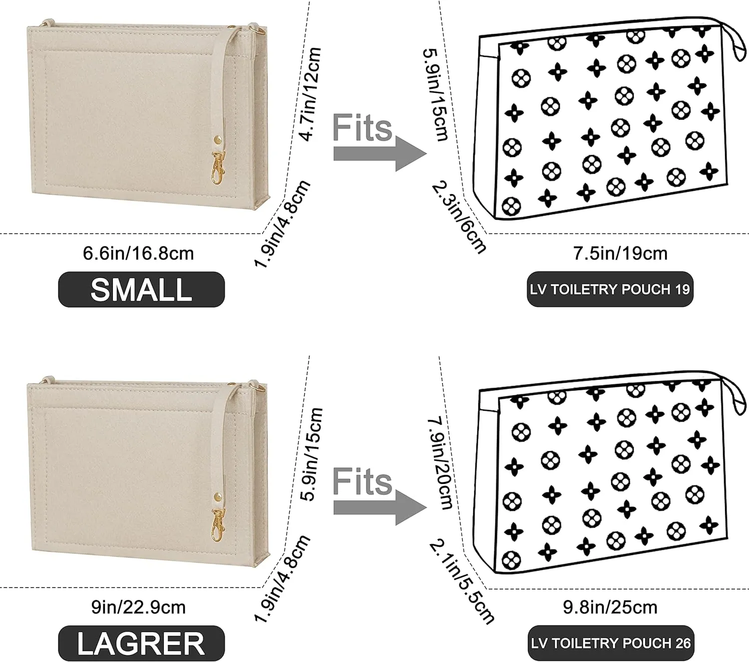 Soyizom Felt Hangbag Tote Organizer Insert Fits Toiletry Pouch 26x19 Messenger Bag Insert with Gold Buckle&Keychain (Beige)