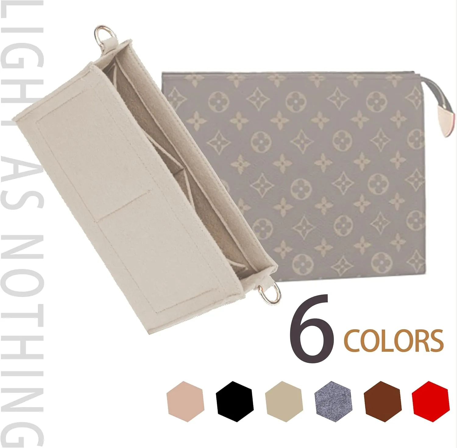 Soyizom Felt Hangbag Tote Organizer Insert Fits Toiletry Pouch 26x19 Messenger Bag Insert with Gold Buckle&Keychain (Beige)