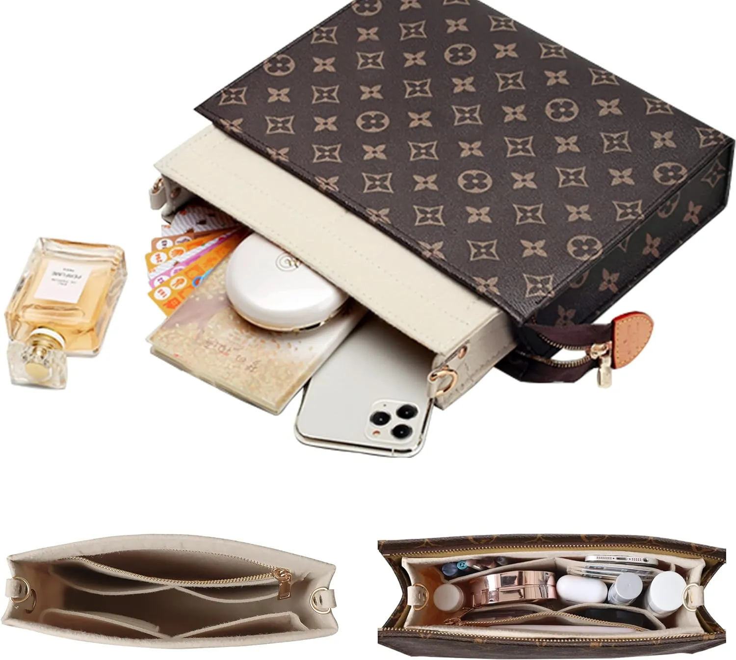 Soyizom Felt Hangbag Tote Organizer Insert Fits Toiletry Pouch 26x19 Messenger Bag Insert with Gold Buckle&Keychain (Beige)