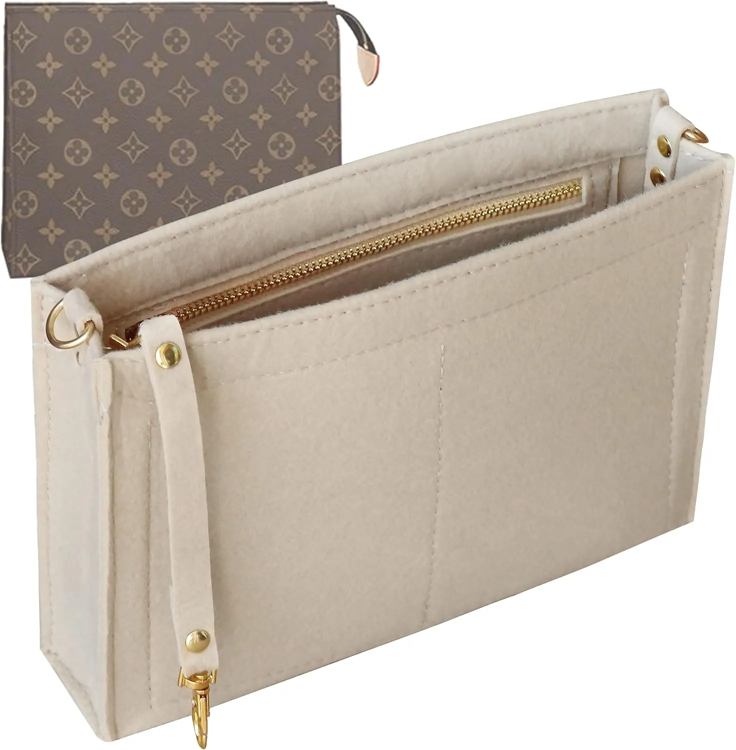 Soyizom Felt Hangbag Tote Organizer Insert Fits Toiletry Pouch 26x19 Messenger Bag Insert with Gold Buckle&Keychain (Beige)