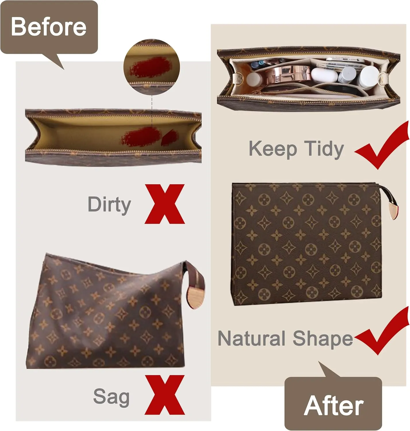 Soyizom Felt Hangbag Tote Organizer Insert Fits Toiletry Pouch 26x19 Messenger Bag Insert with Gold Buckle&Keychain (Beige)