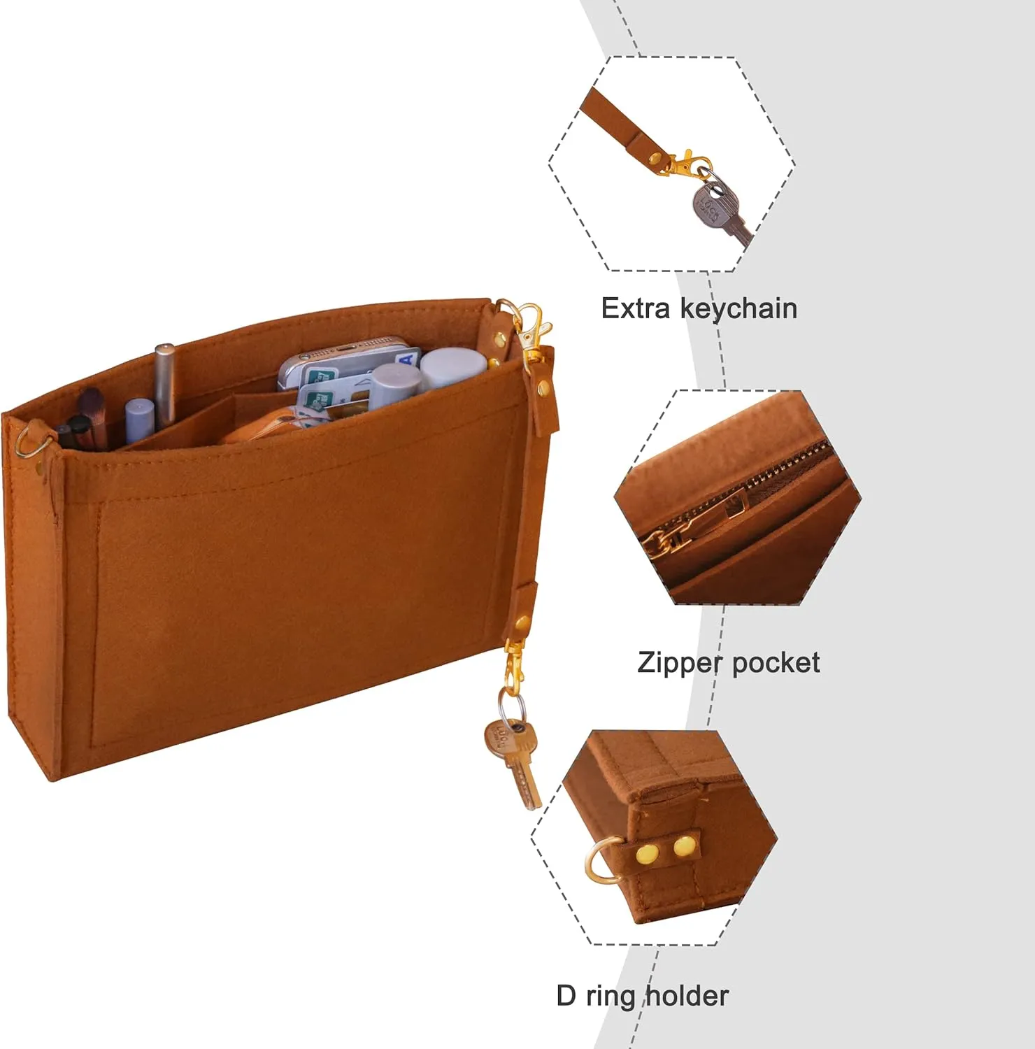 Soyizom Felt Purse Organizer Insert Fits Toiletry Pouch 26x19 Messenger Bag Liner with Gold Buckle & Keychain (Large, Brown)