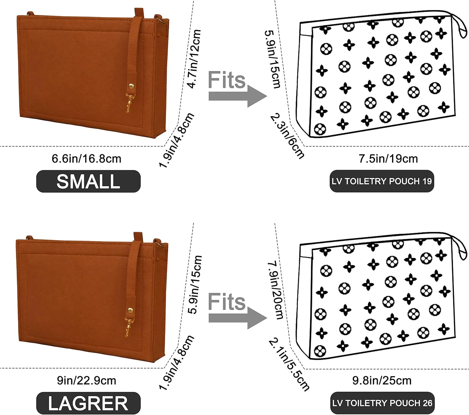 Soyizom Felt Purse Organizer Insert Fits Toiletry Pouch 26x19 Messenger Bag Liner with Gold Buckle & Keychain (Large, Brown)
