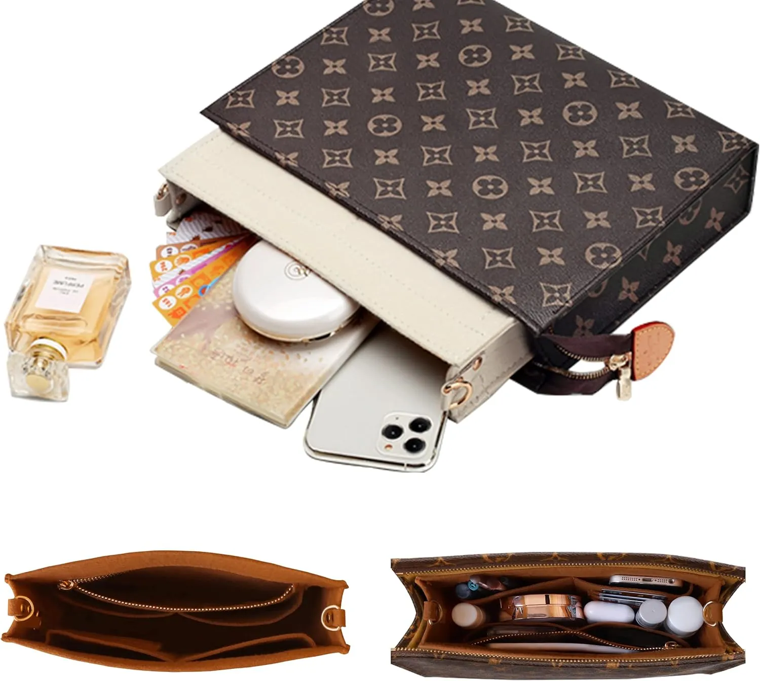 Soyizom Felt Purse Organizer Insert Fits Toiletry Pouch 26x19 Messenger Bag Liner with Gold Buckle & Keychain (Large, Brown)