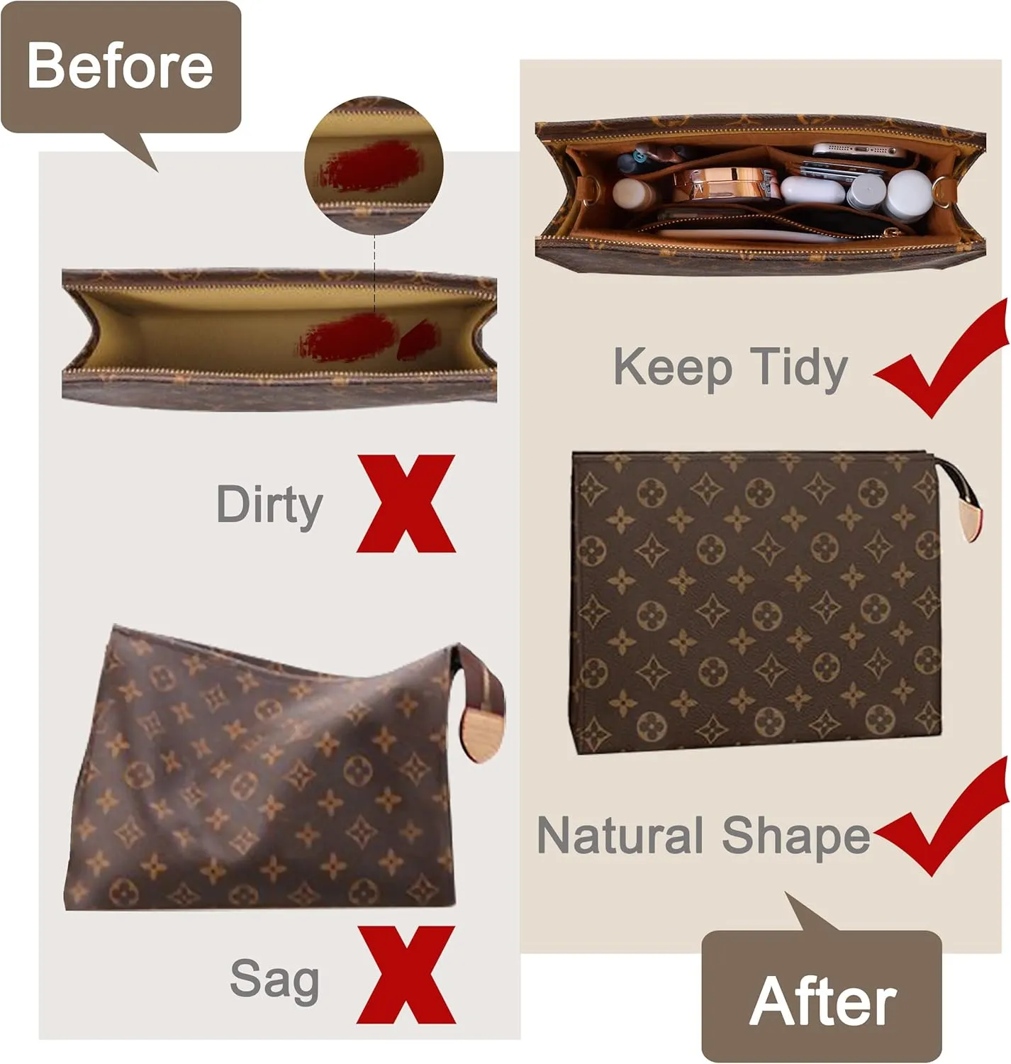 Soyizom Felt Purse Organizer Insert Fits Toiletry Pouch 26x19 Messenger Bag Liner with Gold Buckle & Keychain (Large, Brown)