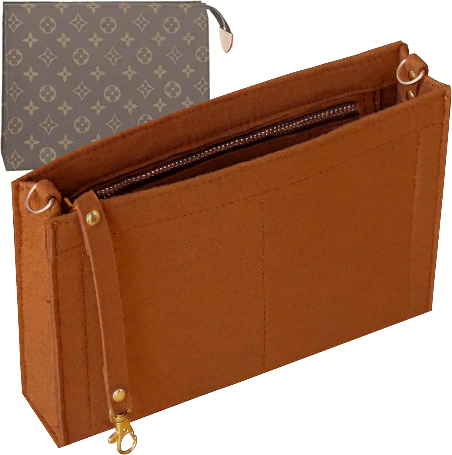 Soyizom Felt Purse Organizer Insert Fits Toiletry Pouch 26x19 Messenger Bag Liner with Gold Buckle & Keychain (Large, Brown)