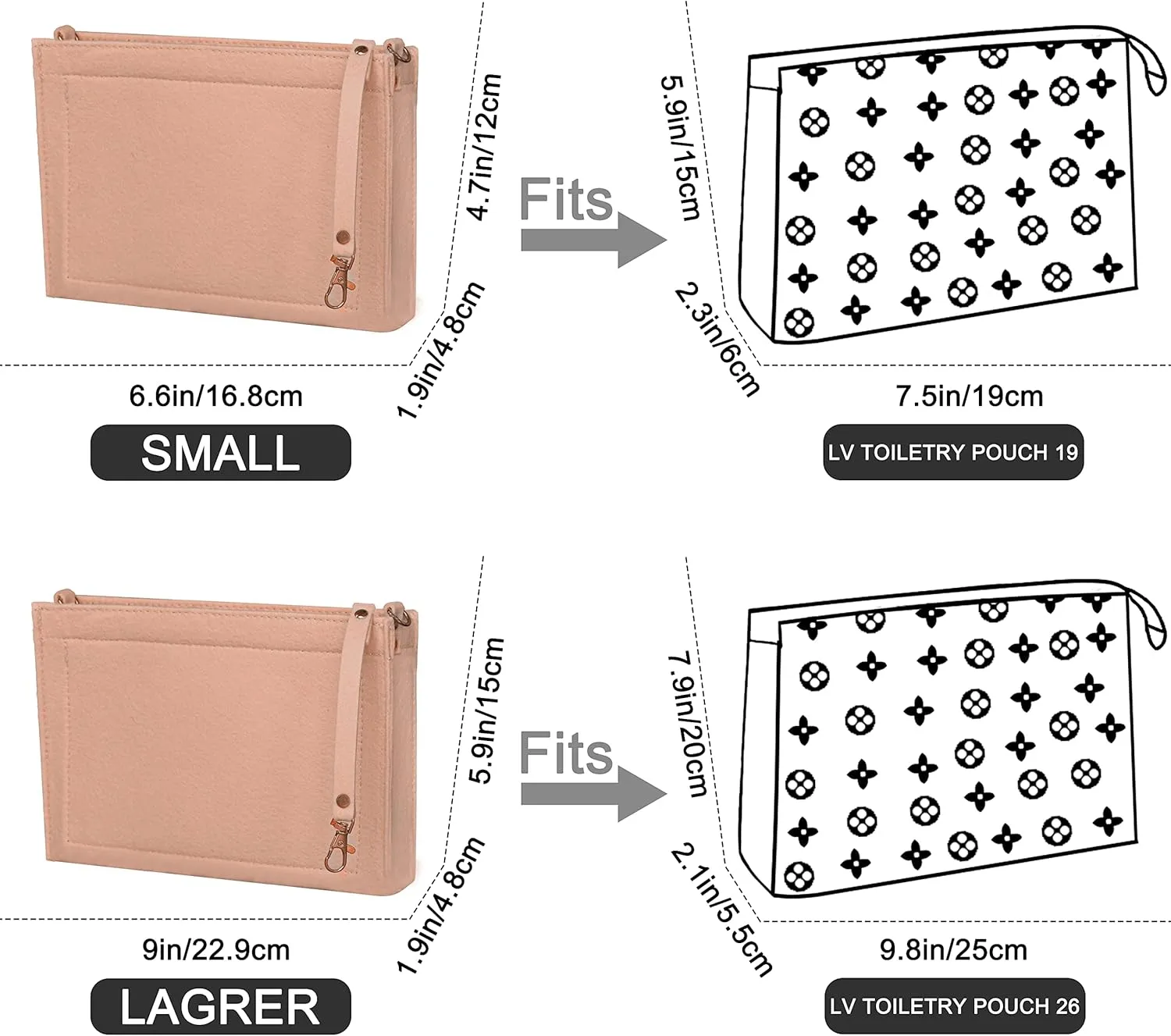 Soyizom Toiletry Pouch - Bag Organizer Insert for Cosmetics, Felt Purse Organizer Insert with Keychain & Gold Buckle & Zip (Small-19, Pink)