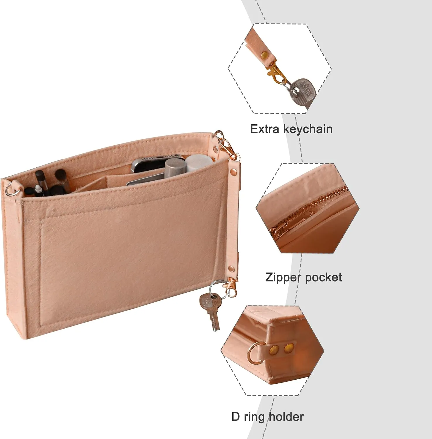 Soyizom Toiletry Pouch - Bag Organizer Insert for Cosmetics, Felt Purse Organizer Insert with Keychain & Gold Buckle & Zip (Small-19, Pink)