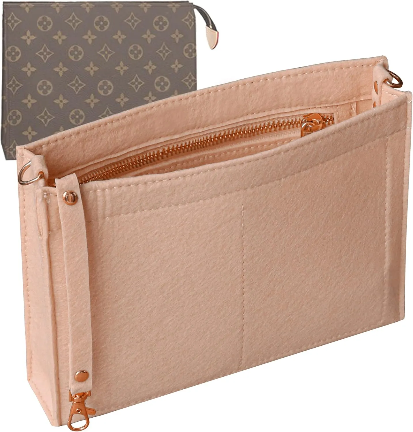 Soyizom Toiletry Pouch - Bag Organizer Insert for Cosmetics, Felt Purse Organizer Insert with Keychain & Gold Buckle & Zip (Small-19, Pink)