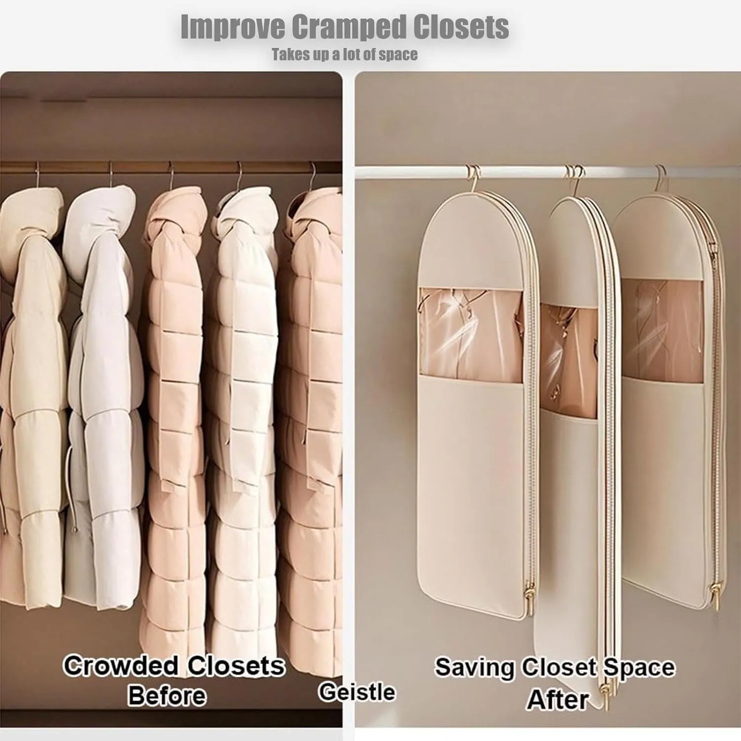 Space Saving Hanging Garment Bag with Self Compression Zipper, Space Saver Closet Organizers, Dust Cover Clothes Bags for Down Coat, for Closet Storage (Pink, X-Large)