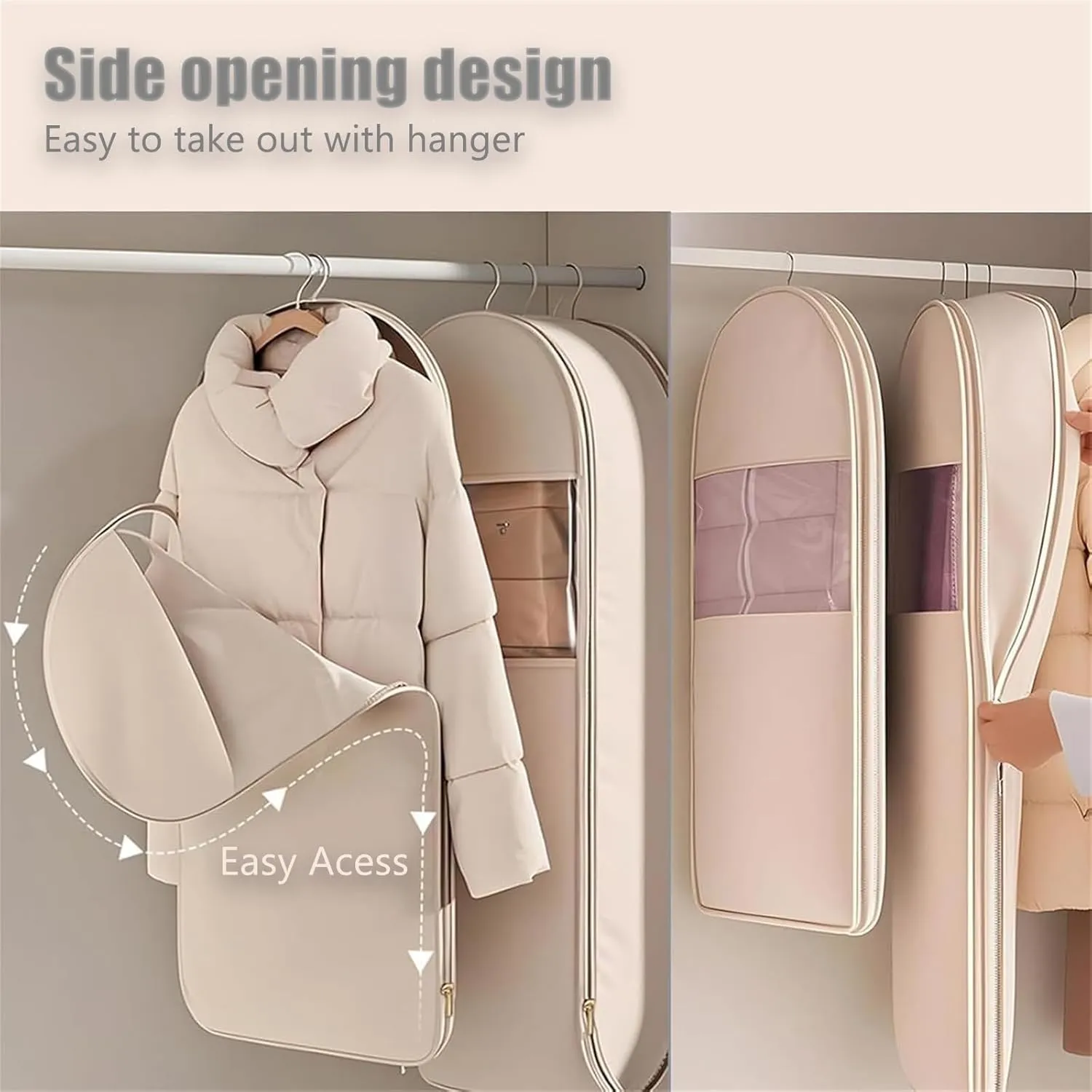 Space Saving Hanging Garment Bag with Self Compression Zipper, Space Saver Closet Organizers, Dust Cover Clothes Bags for Down Coat, for Closet Storage (Pink, X-Large)