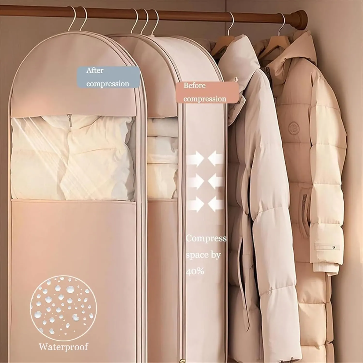 Space Saving Hanging Garment Bag with Self Compression Zipper, Space Saver Closet Organizers, Dust Cover Clothes Bags for Down Coat, for Closet Storage (Pink, X-Large)