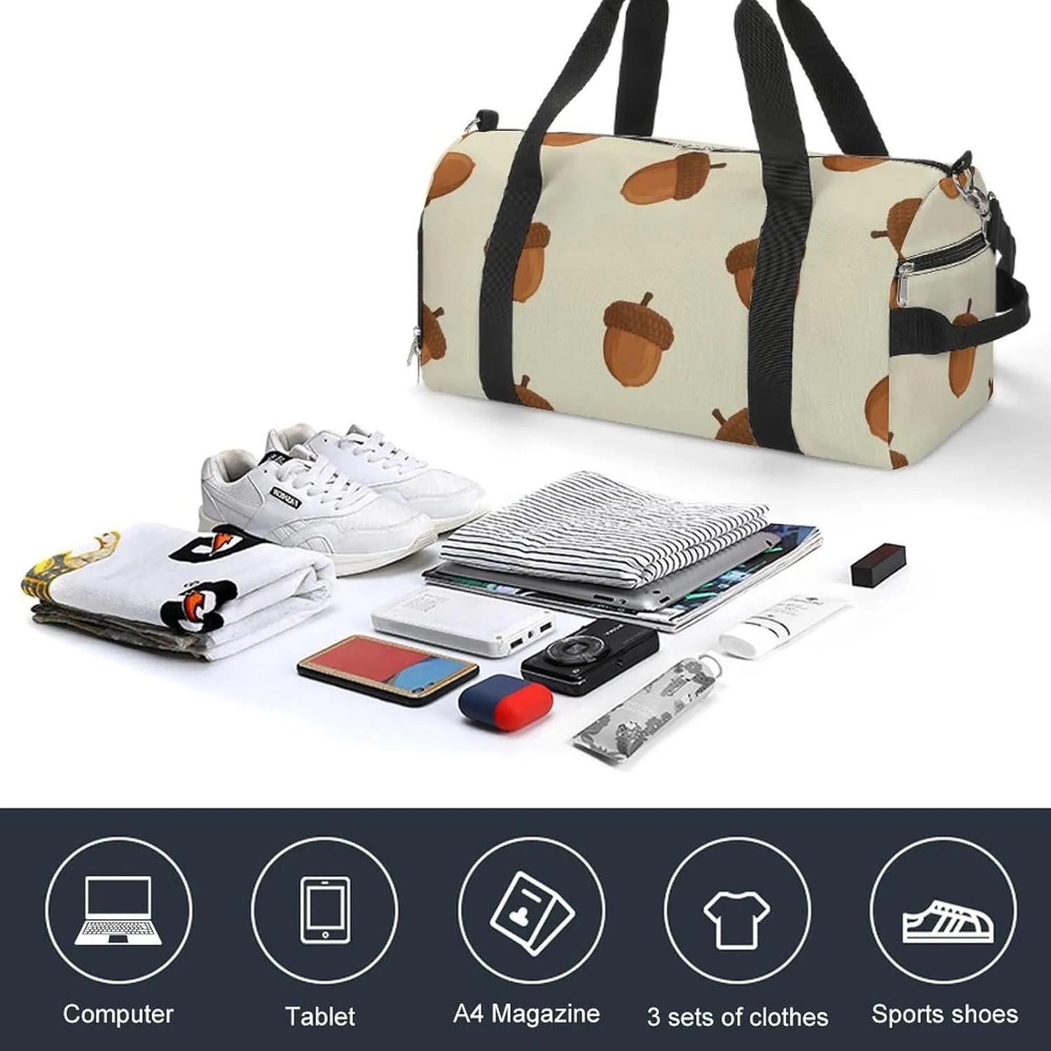 Sport Gym Duffel with Shoe Compartment Wet Pocket, Acorn-cartoon-pattern Shoulder Travel Bag for Women Men, style-2