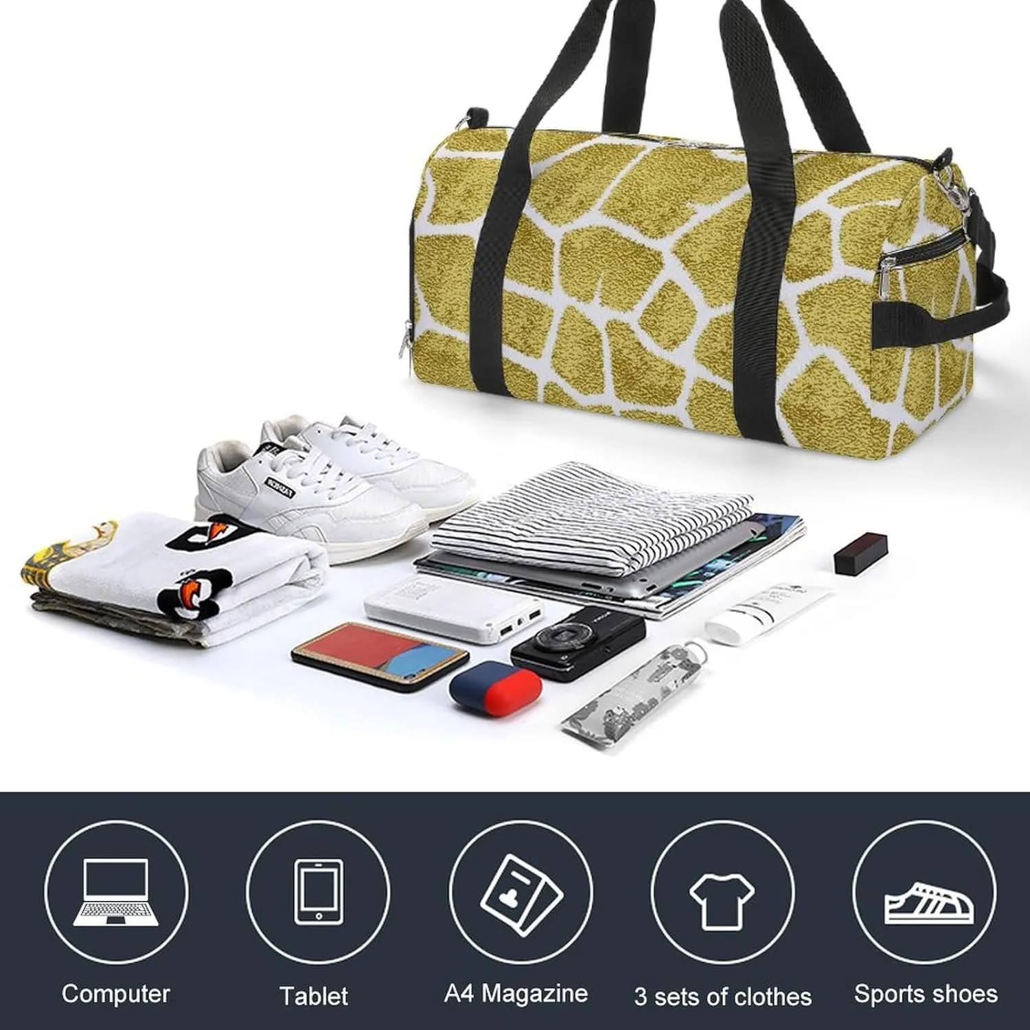Sport Gym Duffel with Shoe Compartment Wet Pocket, Animal-prints Yellow2 Shoulder Travel Bag for Women Men
