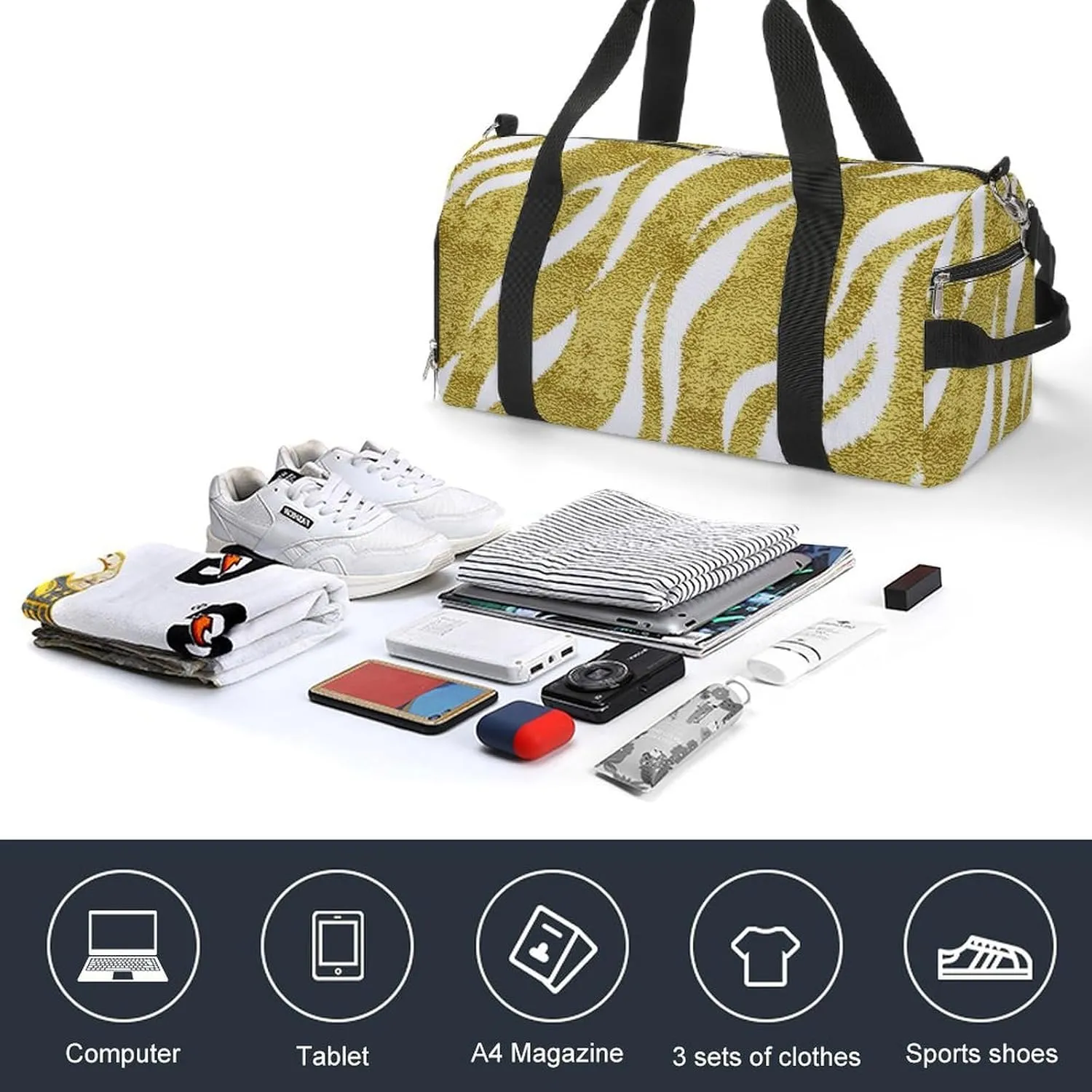 Sport Gym Duffel with Shoe Compartment Wet Pocket, Animal-prints Yellow3 Shoulder Travel Bag for Women Men