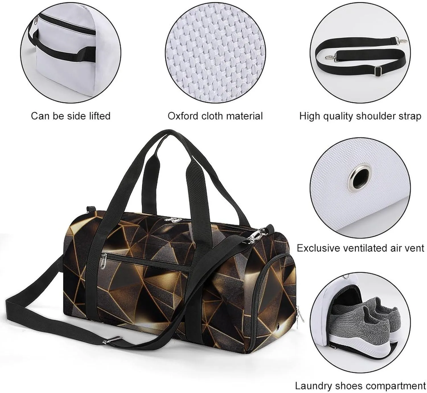 Sport Gym Duffel with Shoe Compartment Wet Pocket, Black-yellow-triangle-crystal Shoulder Travel Bag for Women Men, style-3