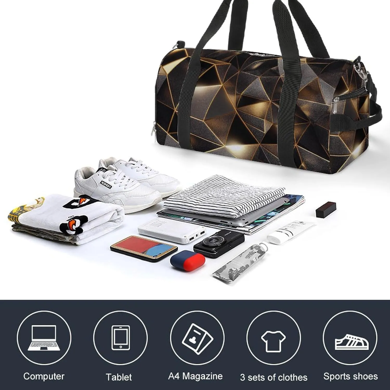 Sport Gym Duffel with Shoe Compartment Wet Pocket, Black-yellow-triangle-crystal Shoulder Travel Bag for Women Men, style-3