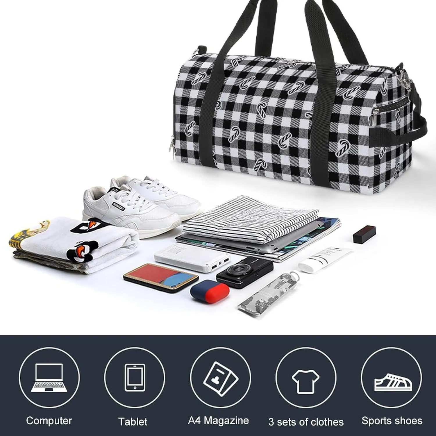 Sport Gym Duffel with Shoe Compartment Wet Pocket, Candy-cane-pattern Shoulder Travel Bag for Women Men