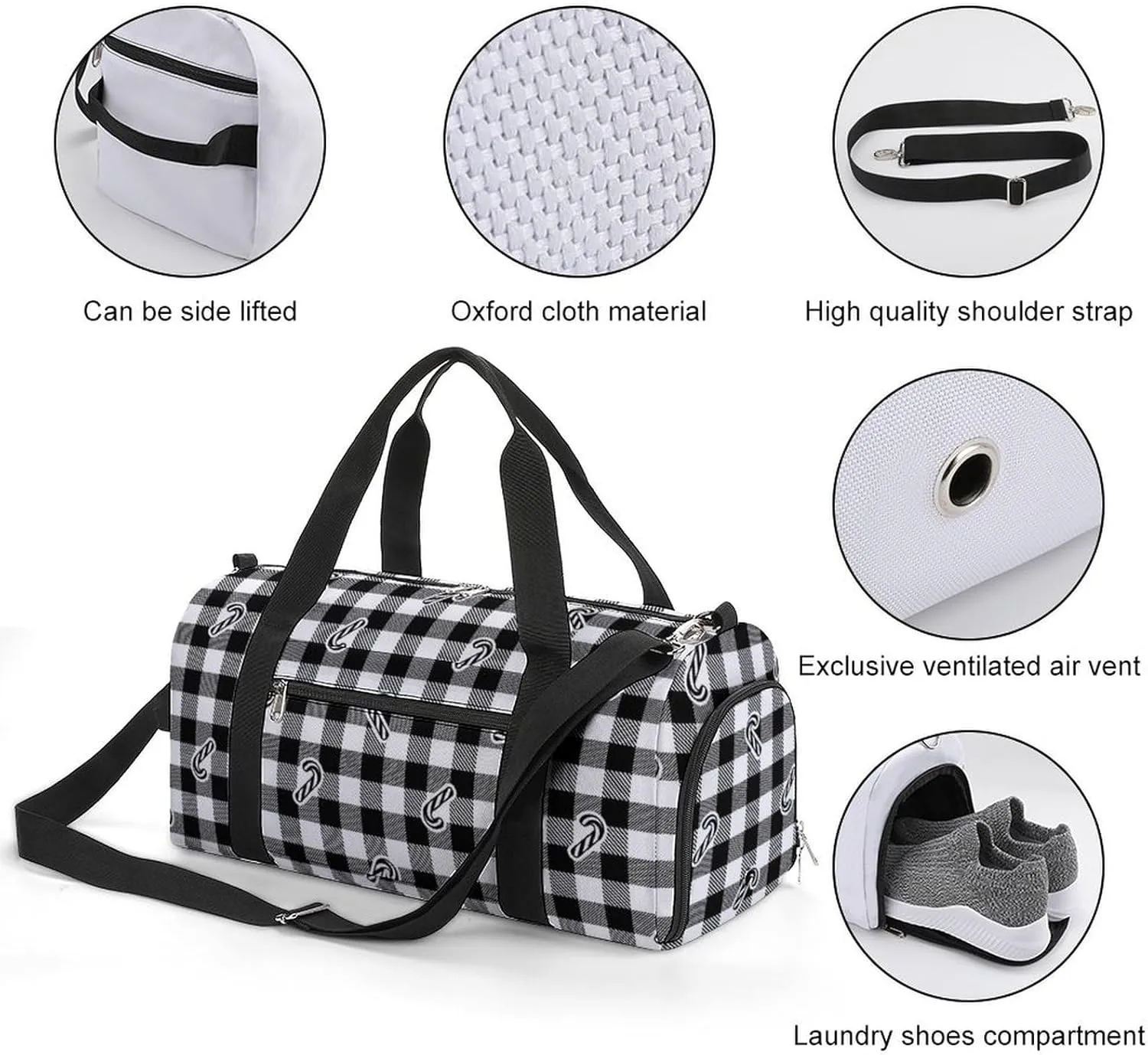 Sport Gym Duffel with Shoe Compartment Wet Pocket, Candy-cane-pattern Shoulder Travel Bag for Women Men