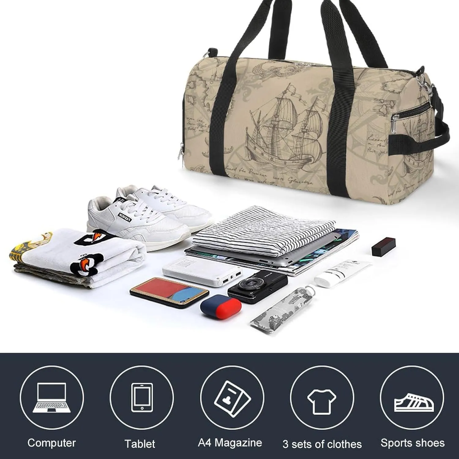 Sport Gym Duffel with Shoe Compartment Wet Pocket, Caravel-vintage-sailboat Shoulder Travel Bag for Women Men, style-4