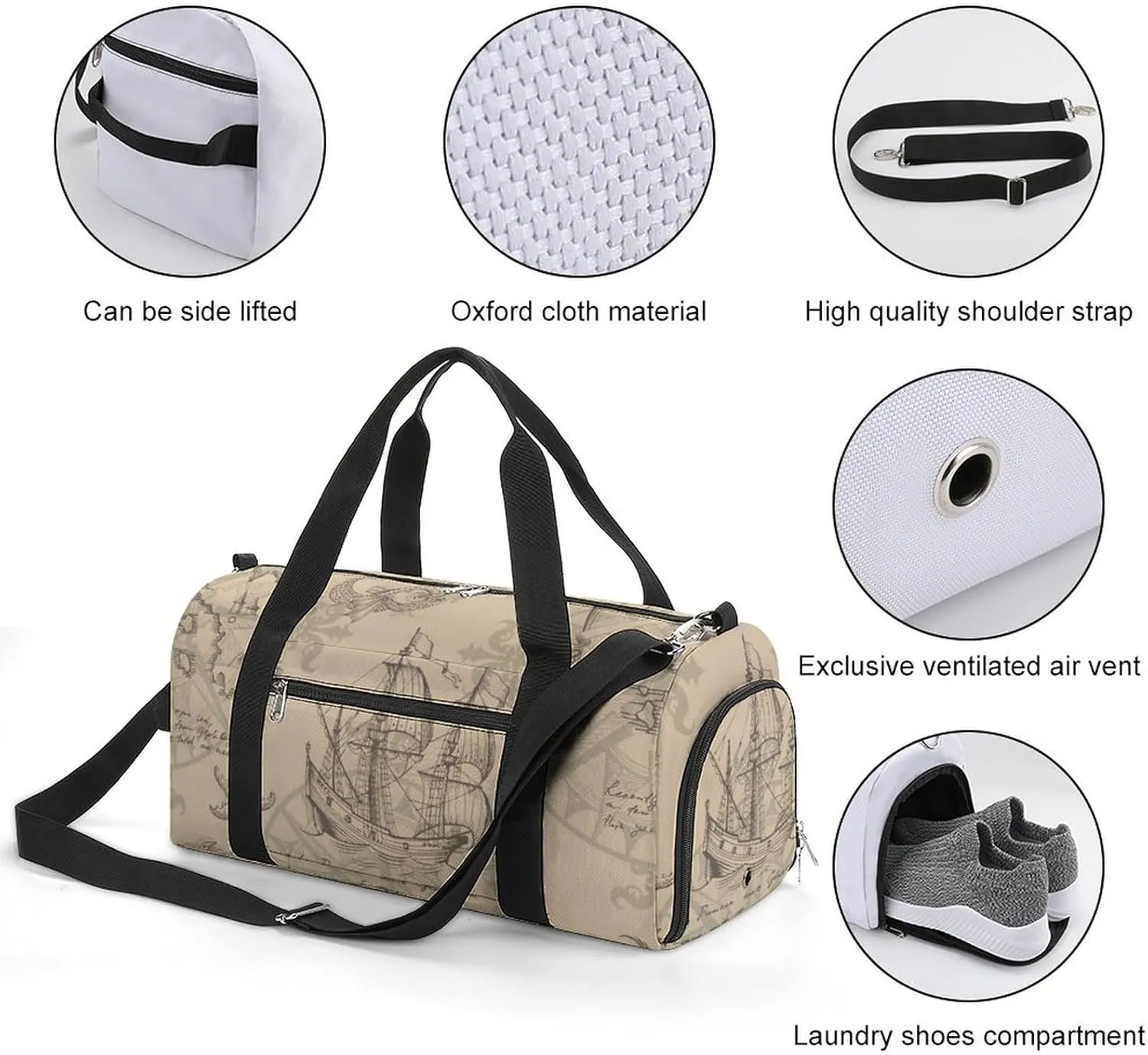 Sport Gym Duffel with Shoe Compartment Wet Pocket, Caravel-vintage-sailboat Shoulder Travel Bag for Women Men, style-4