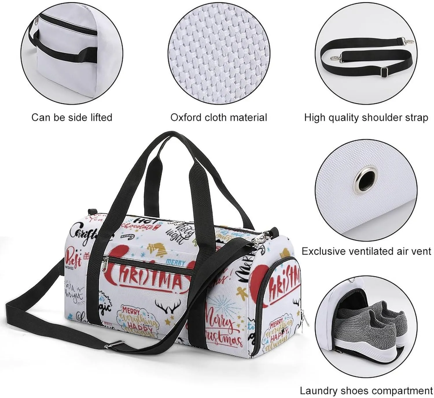 Sport Gym Duffel with Shoe Compartment Wet Pocket, Christmas Print Shoulder Travel Bag for Women Men