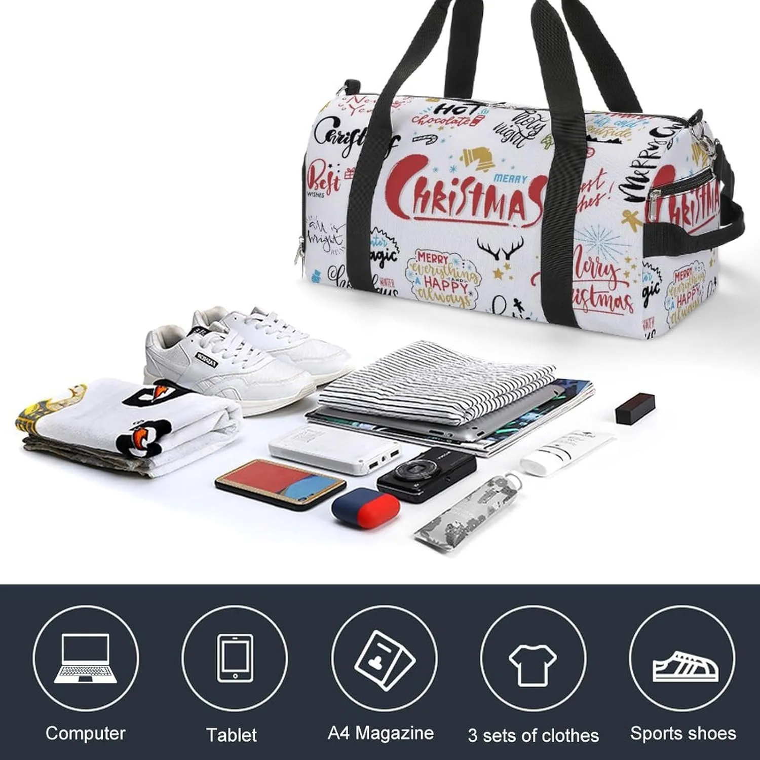 Sport Gym Duffel with Shoe Compartment Wet Pocket, Christmas Print Shoulder Travel Bag for Women Men
