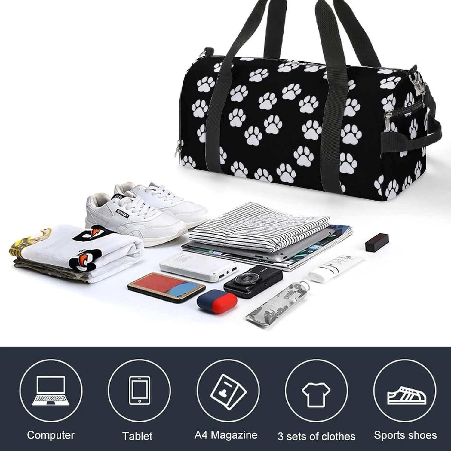Sport Gym Duffel with Shoe Compartment Wet Pocket, Circular-pattern-paws-print Shoulder Travel Bag for Women Men