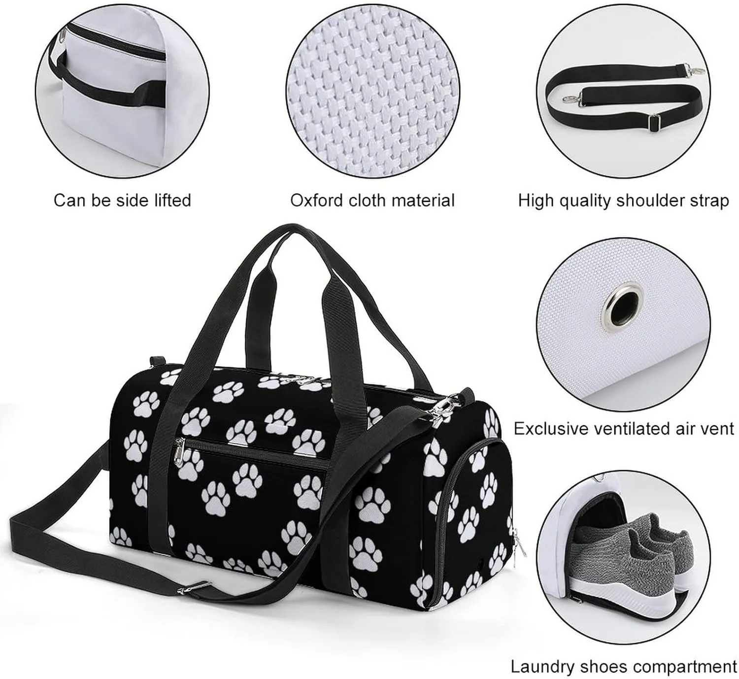 Sport Gym Duffel with Shoe Compartment Wet Pocket, Circular-pattern-paws-print Shoulder Travel Bag for Women Men