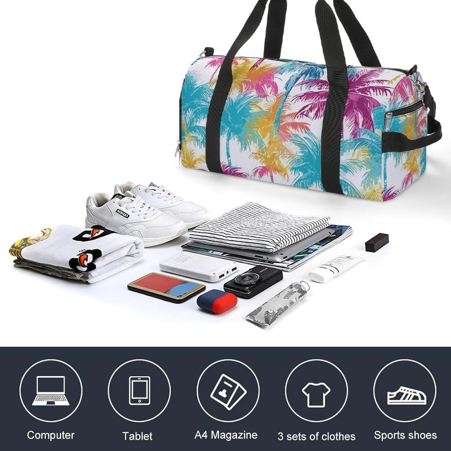 Sport Gym Duffel with Shoe Compartment Wet Pocket, Colorful-hawaii-palms-pattern Shoulder Travel Bag for Women Men, style-4