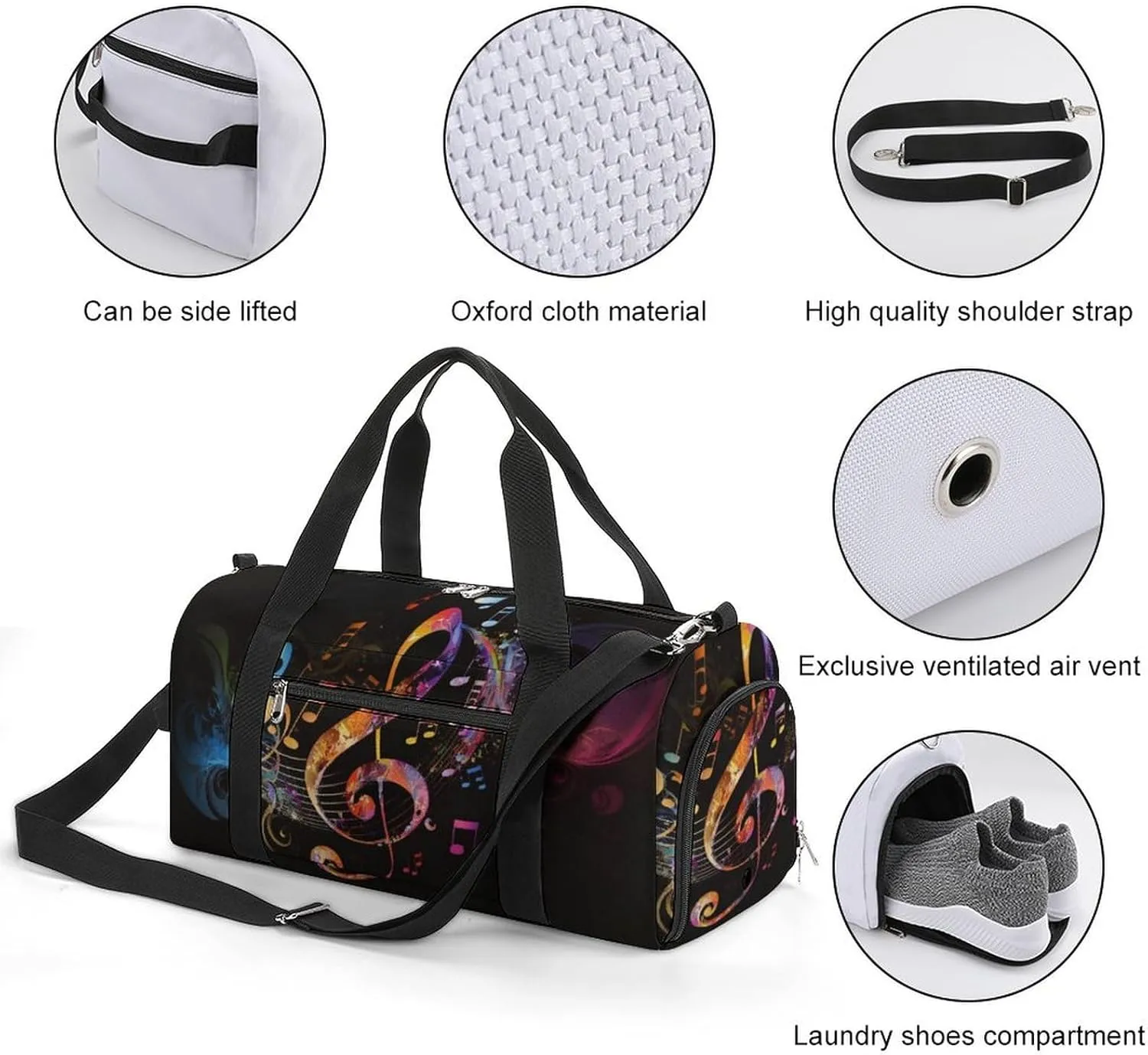 Sport Gym Duffel with Shoe Compartment Wet Pocket, Colorful Music Notes Shoulder Travel Bag for Women Men, style-4