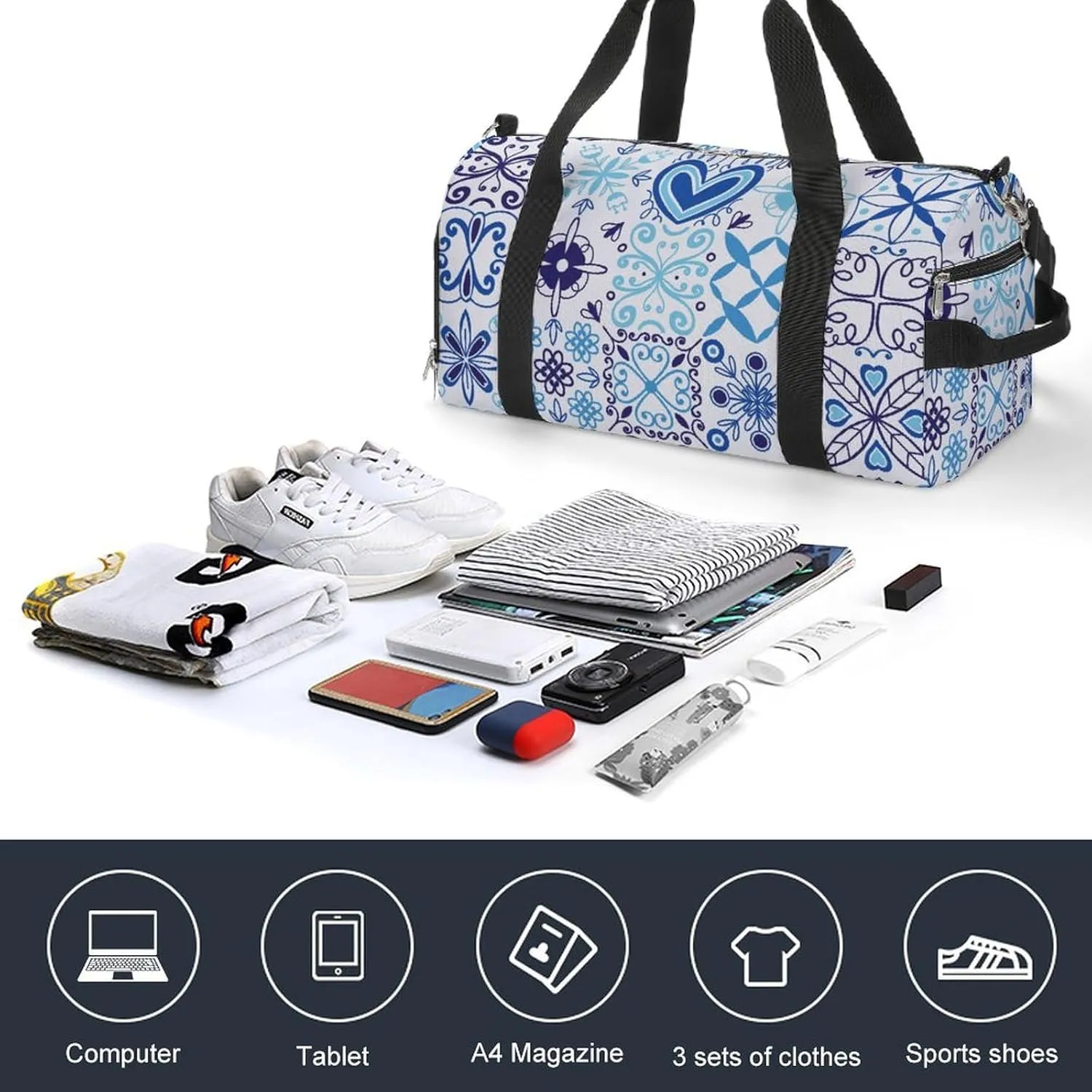 Sport Gym Duffel with Shoe Compartment Wet Pocket, Curve-floral-blue Shoulder Travel Bag for Women Men, style-1