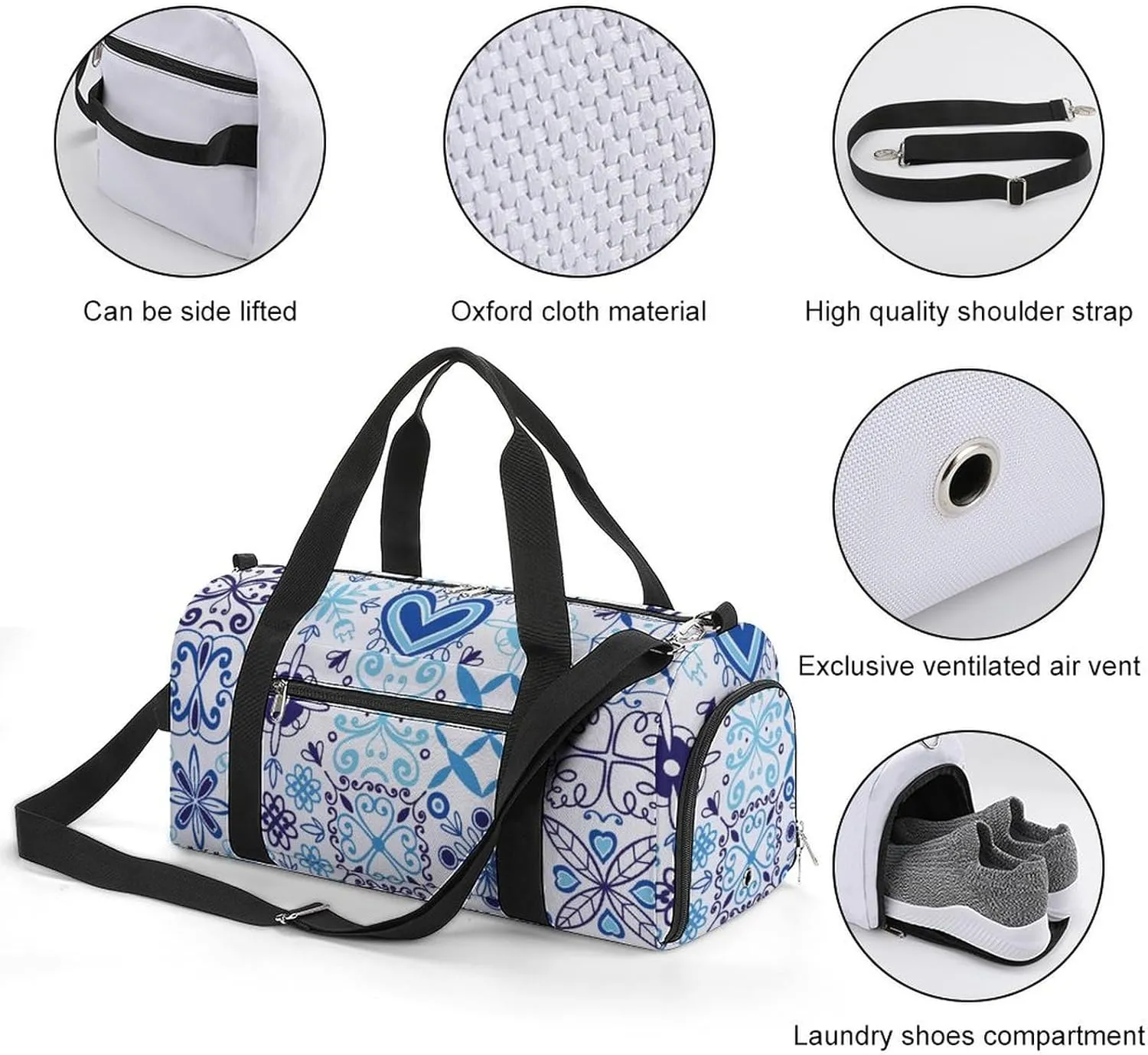 Sport Gym Duffel with Shoe Compartment Wet Pocket, Curve-floral-blue Shoulder Travel Bag for Women Men, style-1