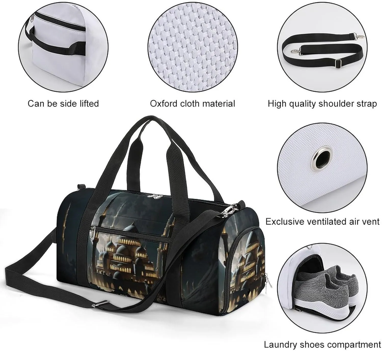 Sport Gym Duffel with Shoe Compartment Wet Pocket, Dark-blue-full-moon Shoulder Travel Bag for Women Men