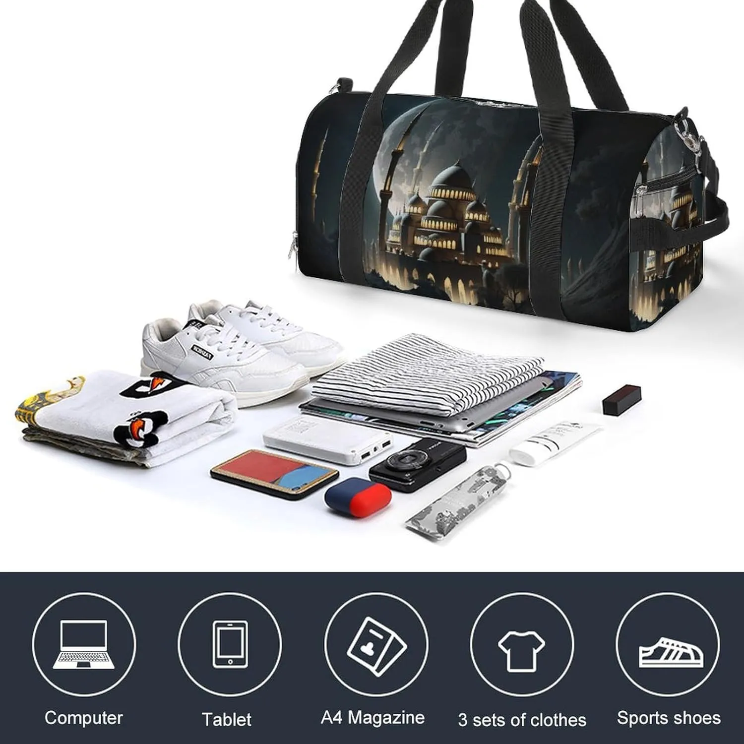 Sport Gym Duffel with Shoe Compartment Wet Pocket, Dark-blue-full-moon Shoulder Travel Bag for Women Men