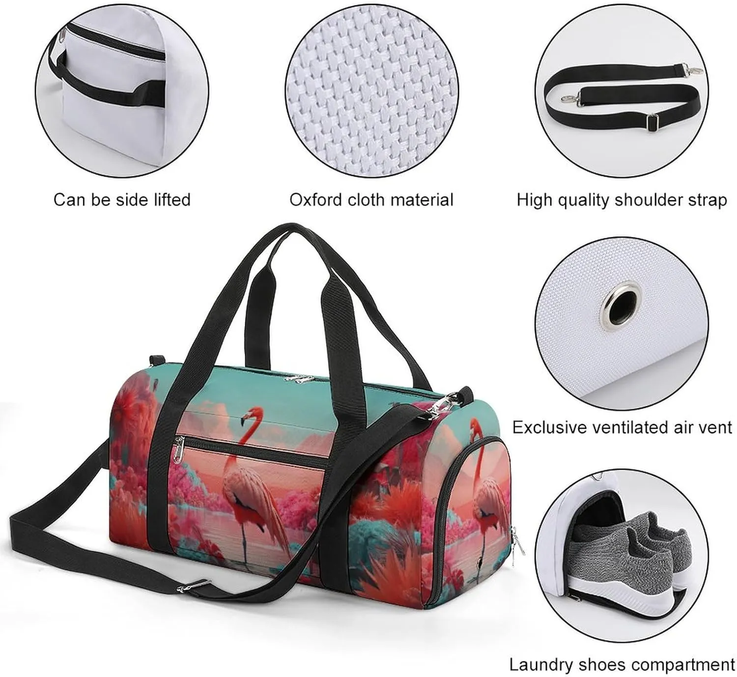 Sport Gym Duffel with Shoe Compartment Wet Pocket, Flamingo-cartoon-print Shoulder Travel Bag for Women Men