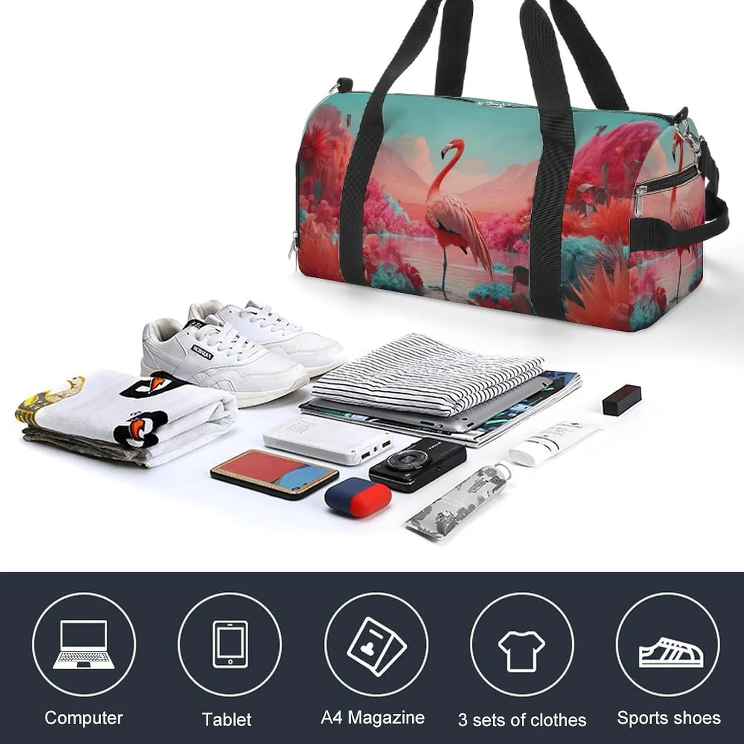 Sport Gym Duffel with Shoe Compartment Wet Pocket, Flamingo-cartoon-print Shoulder Travel Bag for Women Men